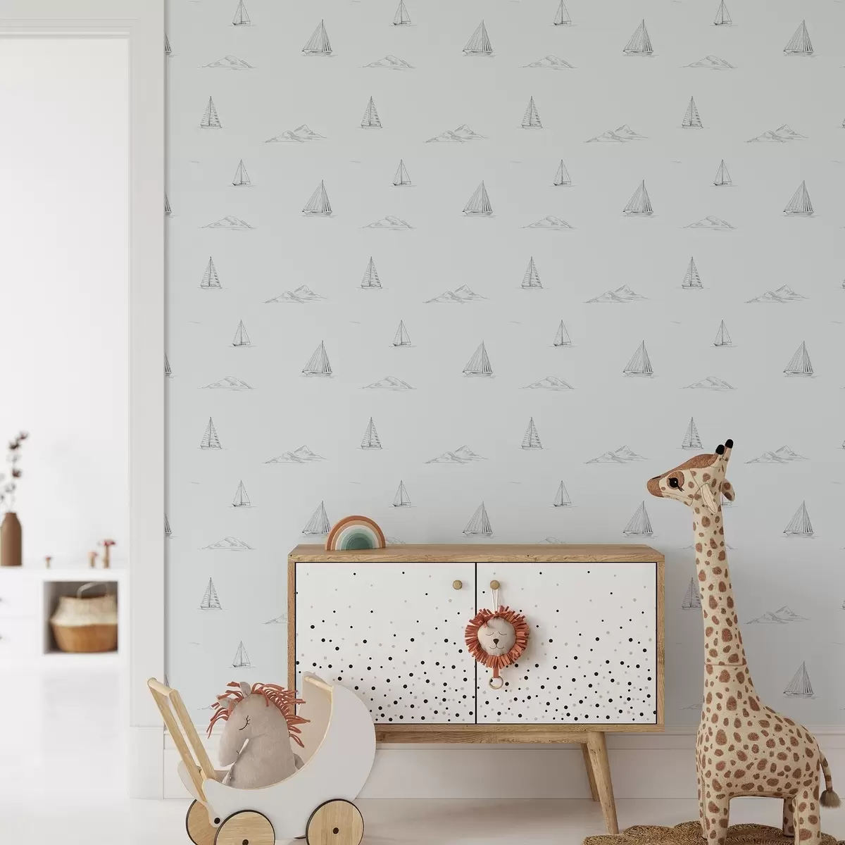 Шпалери Ескізи яхт і островів, прохолодний синьо-сірий фон a00654