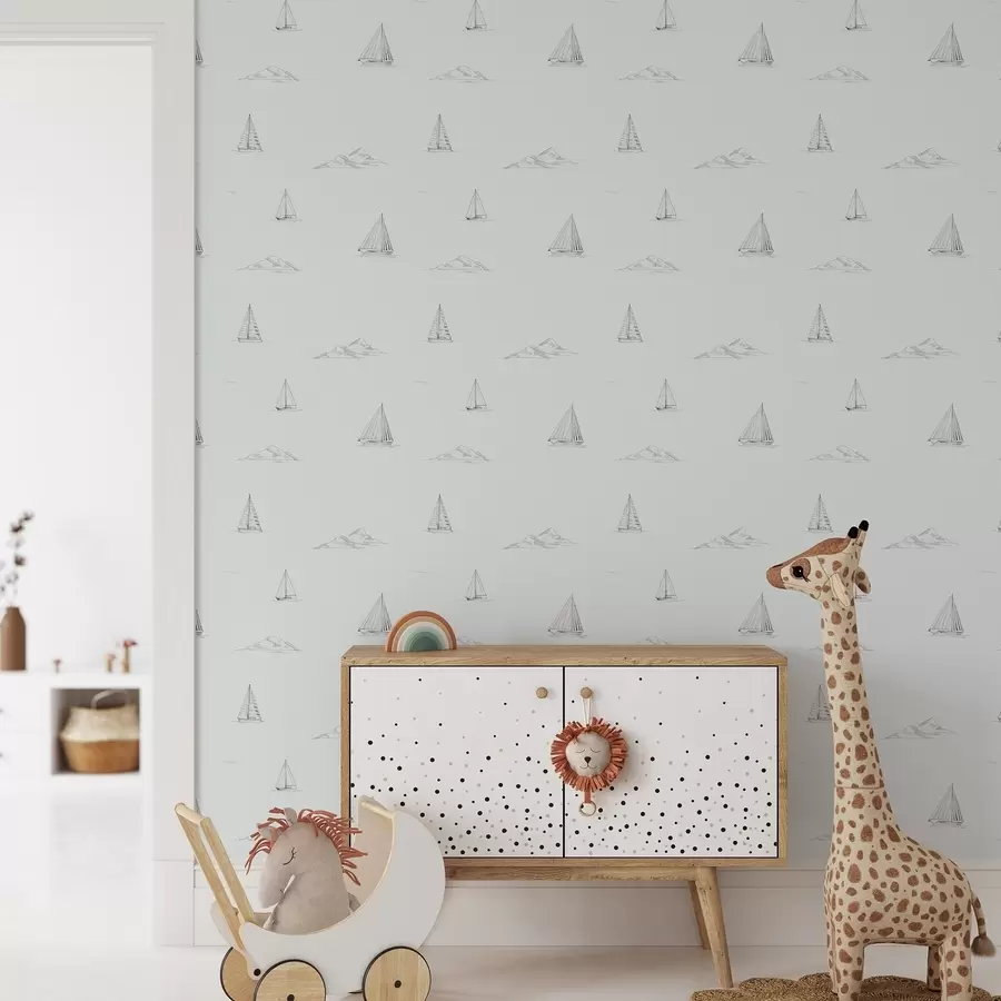 Шпалери Ескізи яхт і островів, прохолодний синьо-сірий фон a00654