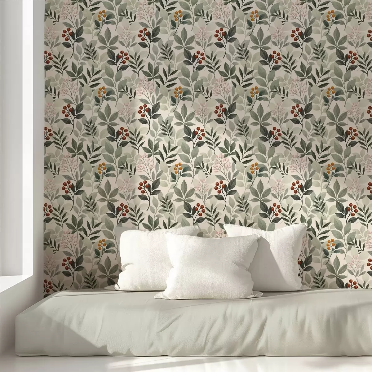Шпалери Листя з ягодами, світлий фон a00713