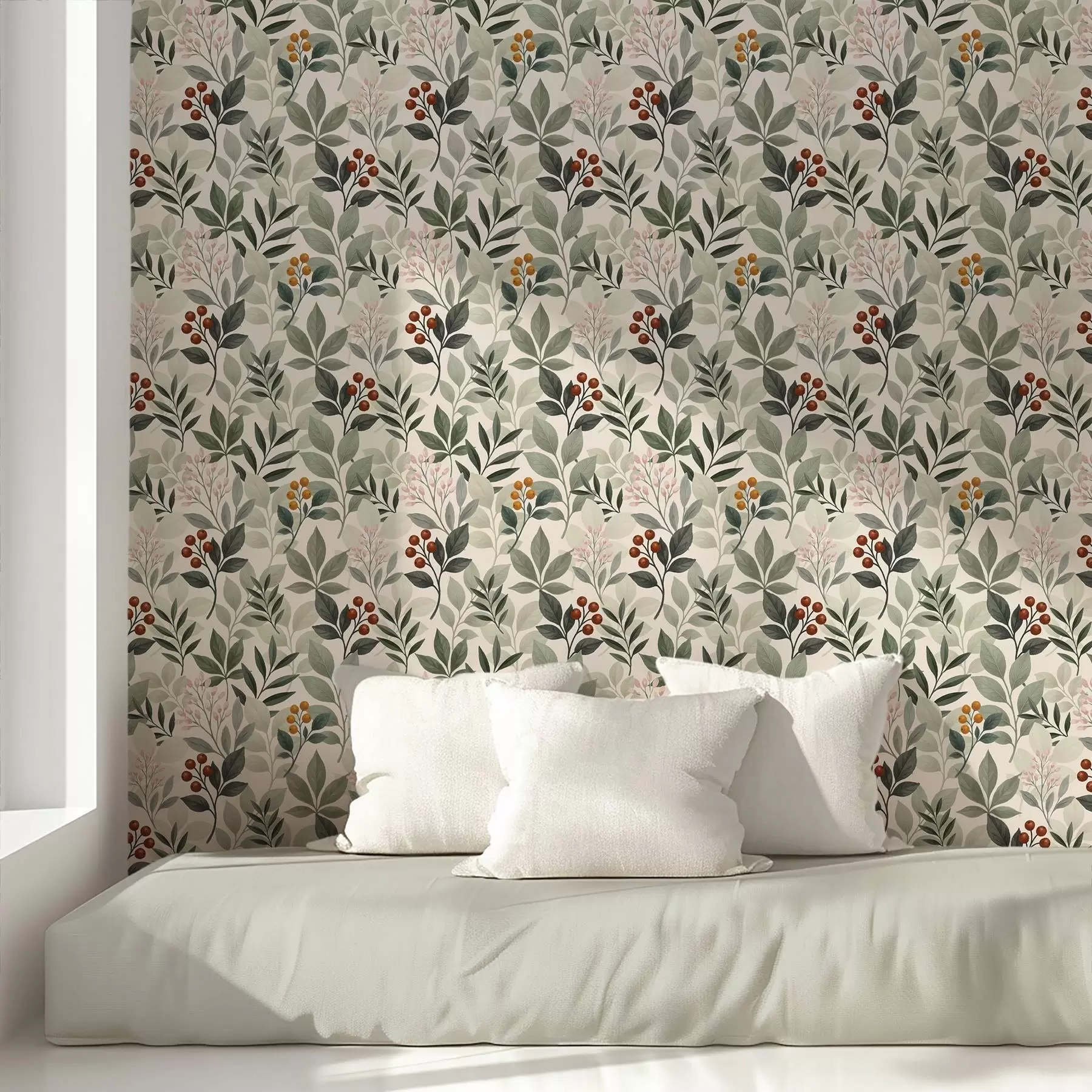 Шпалери Листя з ягодами, світлий фон a00713