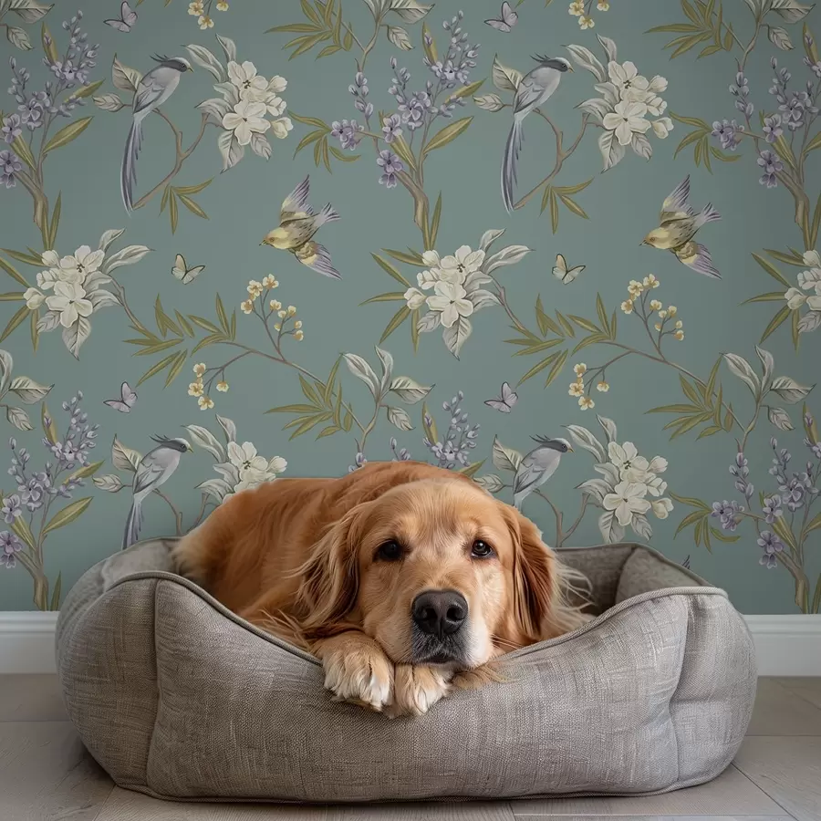 Шпалери Птахи, квіти та метелики на синьо-сірому тлі a00735