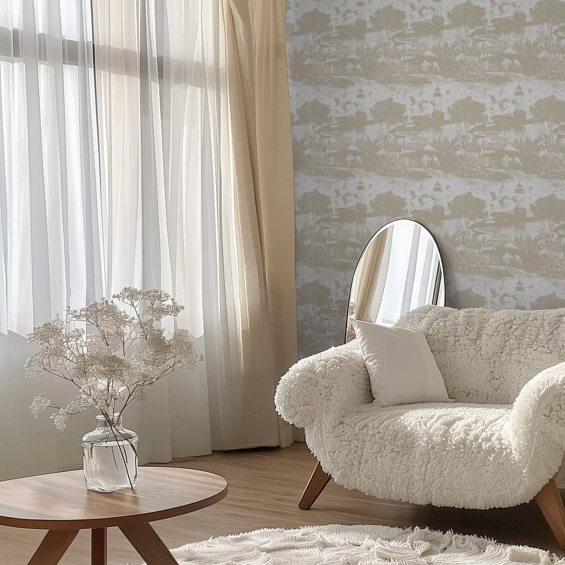 Шпалери Сцена з маяком, деревами та будинками в сієні a00739