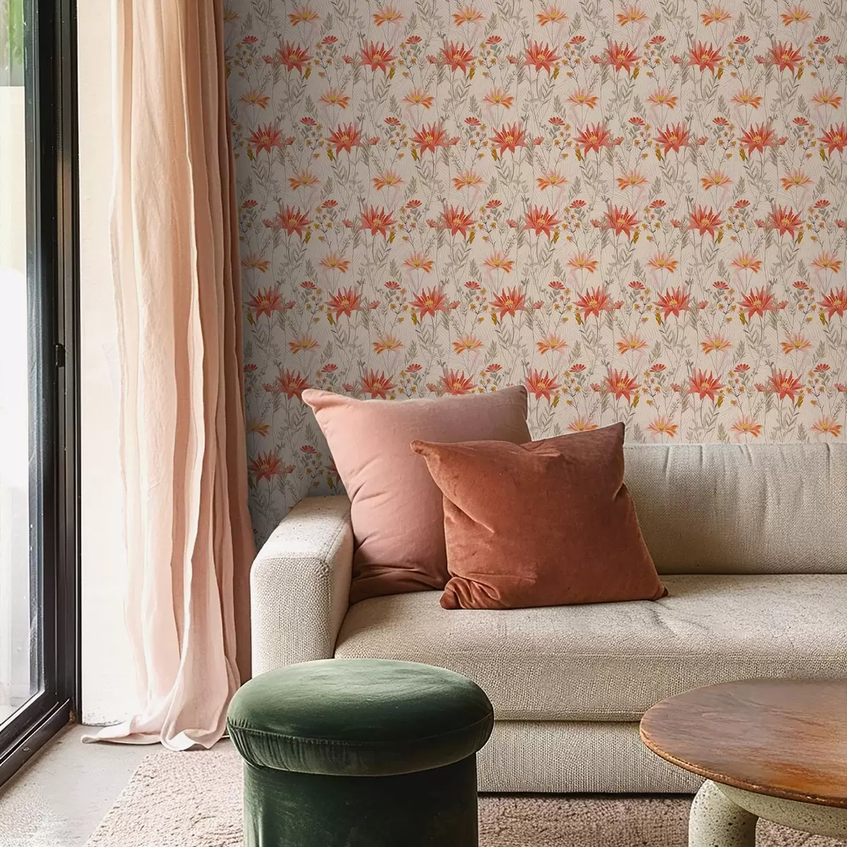 Шпалери Польові квіти в теплих тонах на бежевому тлі a00751