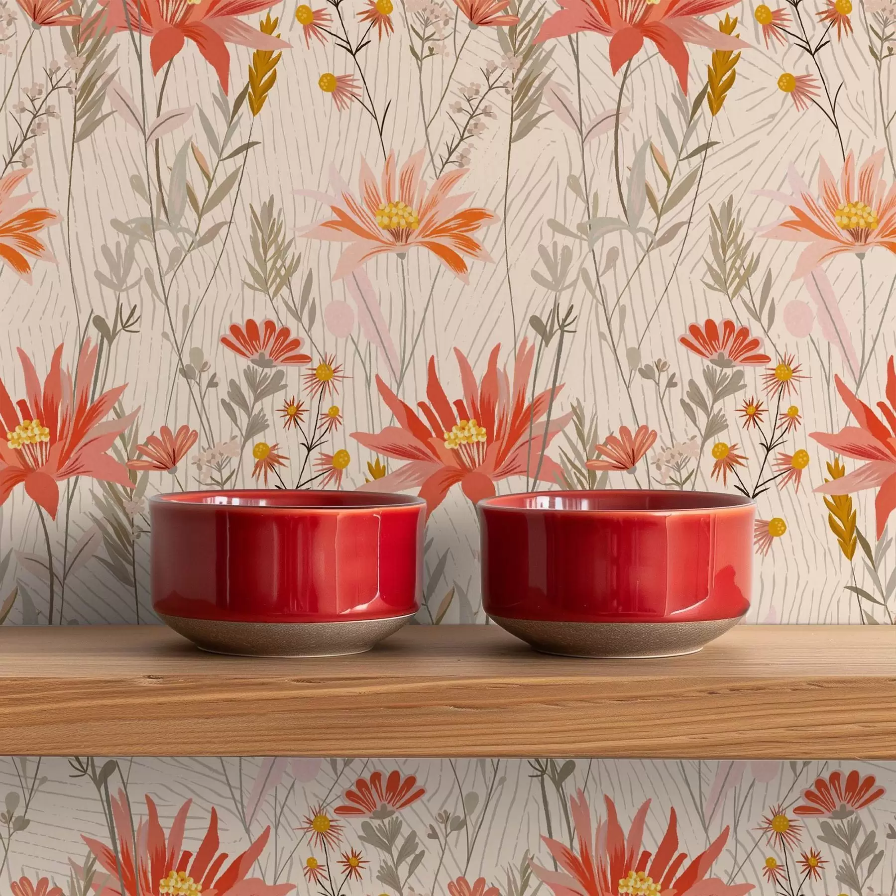 Шпалери Польові квіти в теплих тонах на бежевому тлі a00751