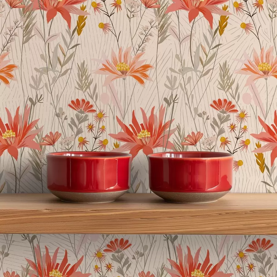 Шпалери Польові квіти в теплих тонах на бежевому тлі a00751