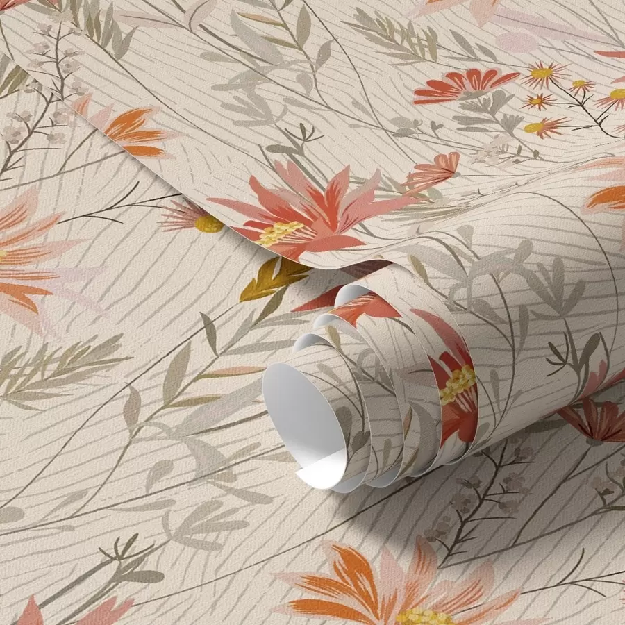 Шпалери Польові квіти в теплих тонах на бежевому тлі a00751