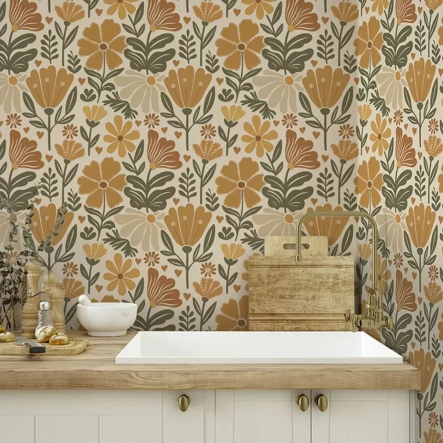 Шпалери Стилізовані квіти в теплих тонах з сердечками a00752