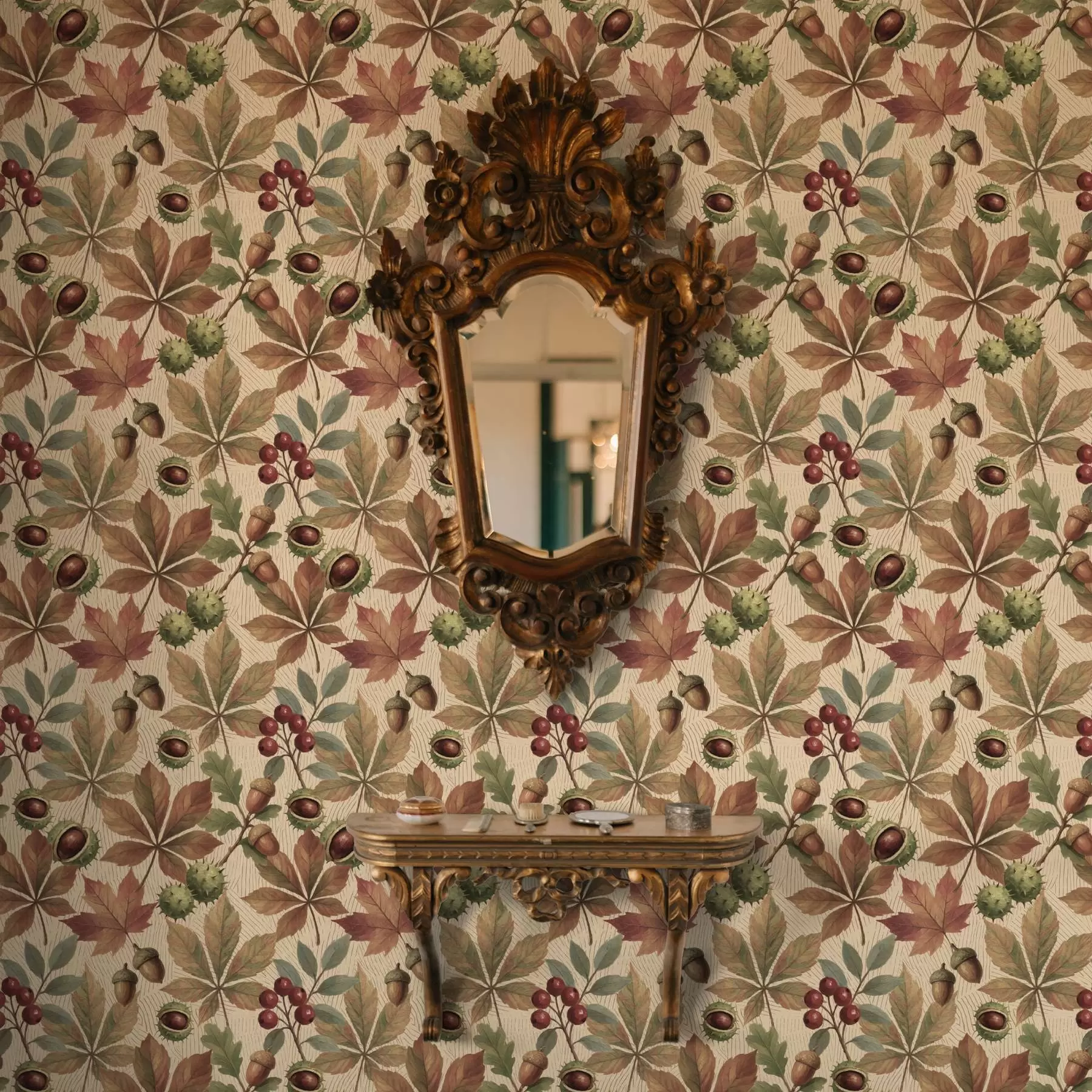 Шпалери Осіннє листя, жолуді та ягоди на бежевому тлі a00754