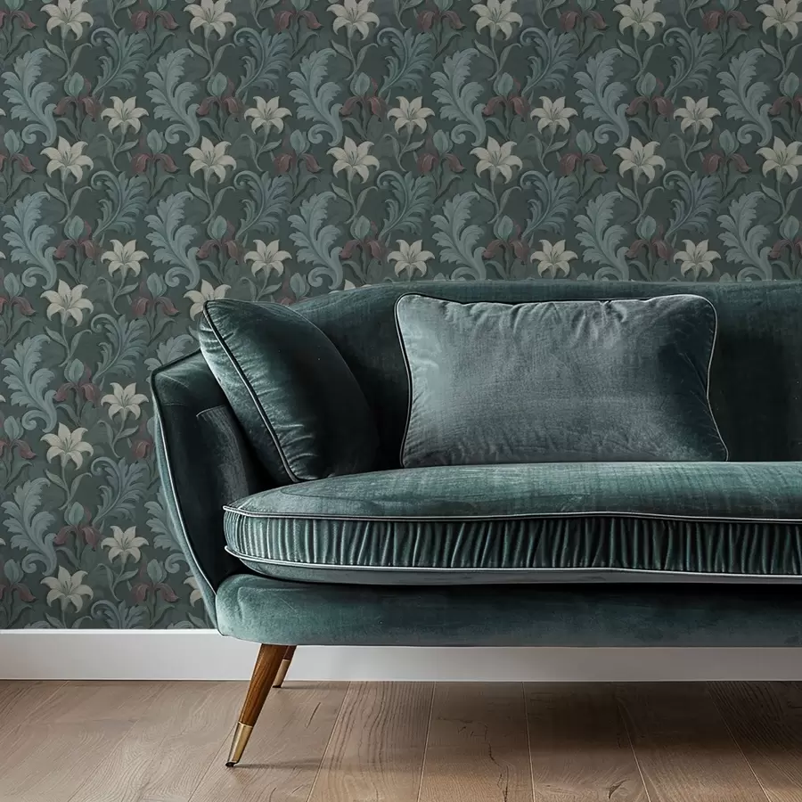 Шпалери Темно-зелений фон з ірисами та декоративним листям a00755