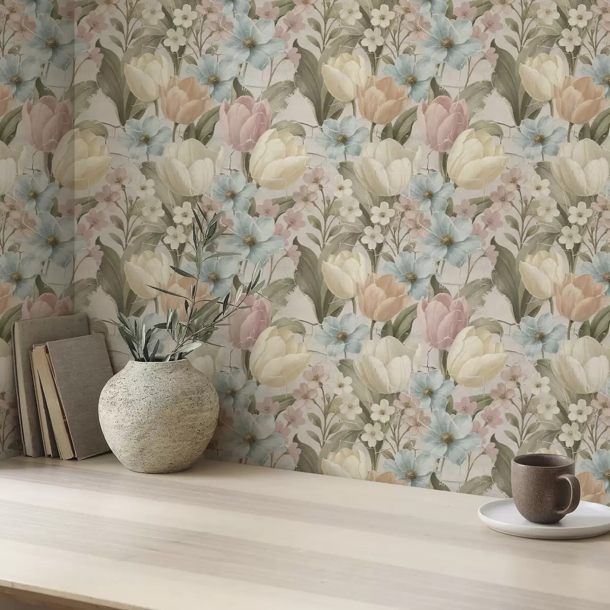 Шпалери Пастельні тюльпани та квіти на світлому тріснутому тлі a00756