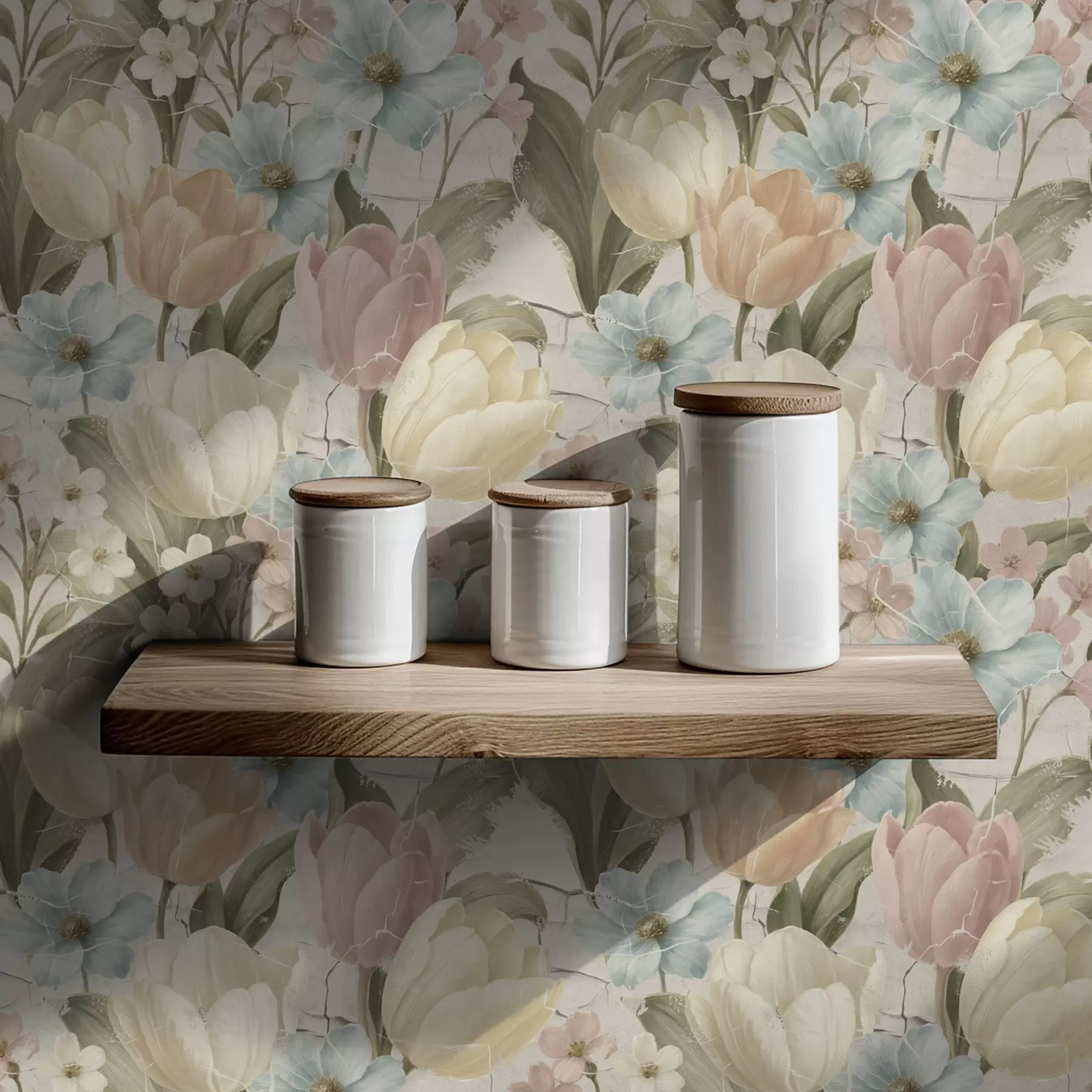 Шпалери Пастельні тюльпани та квіти на світлому тріснутому тлі a00756