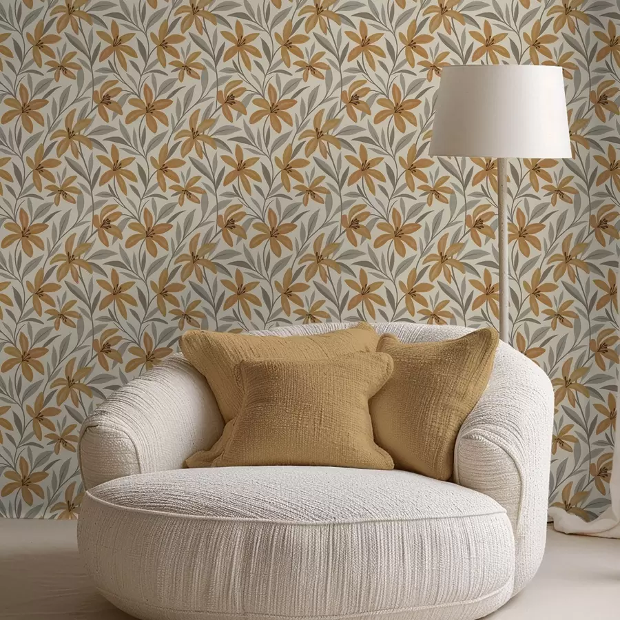 Шпалери Жовті лілії та сіро-зелене листя на світлому тлі a00757