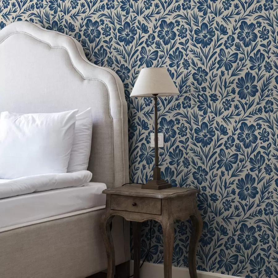 Шпалери Синій квітковий орнамент з метеликами a00758