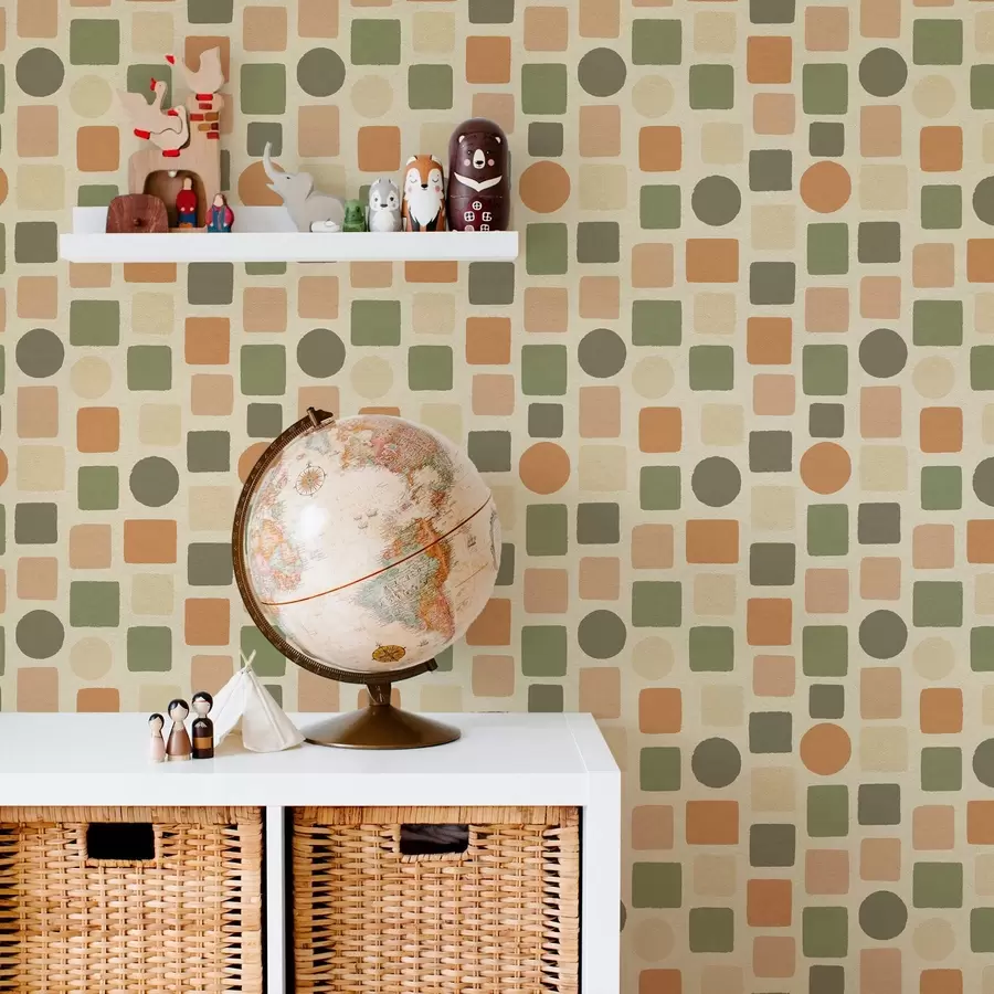 Шпалери Геометричний візерунок з квадратів і кіл у теплих тонах a00759