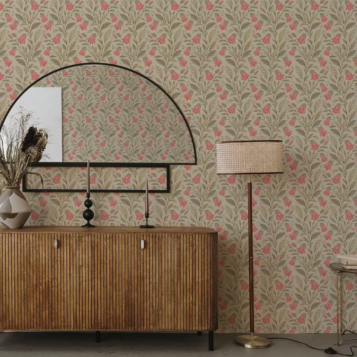 Шпалери Невеликі квіти з дзвіночками в рожево-зеленій гамі a00760