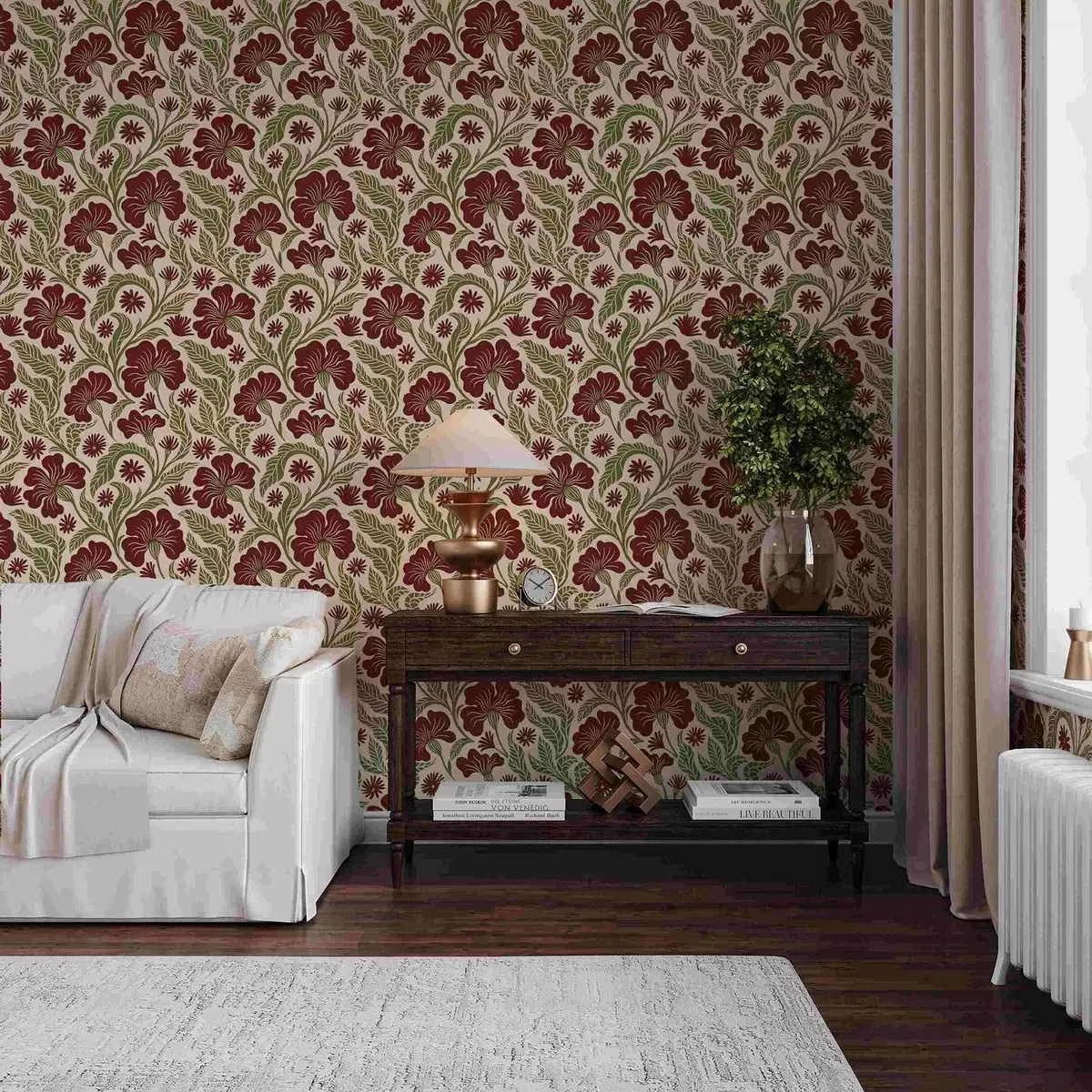 Шпалери Бургундські квіти з зеленим листям на світлому тлі a00761