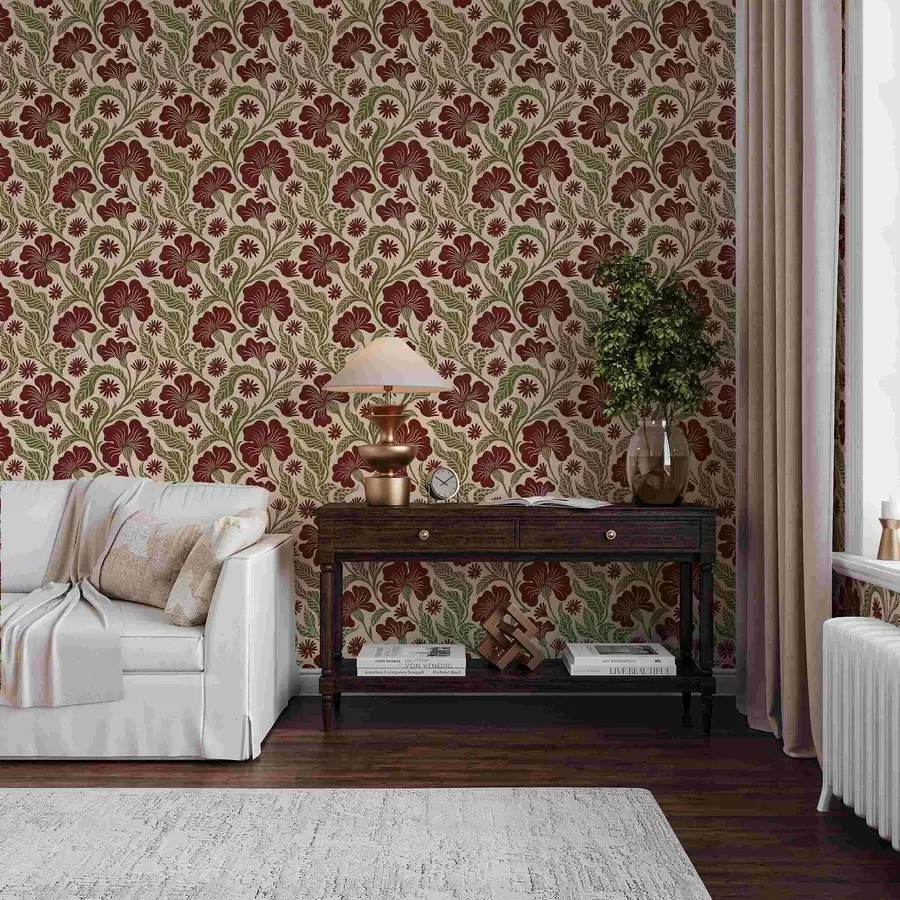 Шпалери Бургундські квіти з зеленим листям на світлому тлі a00761