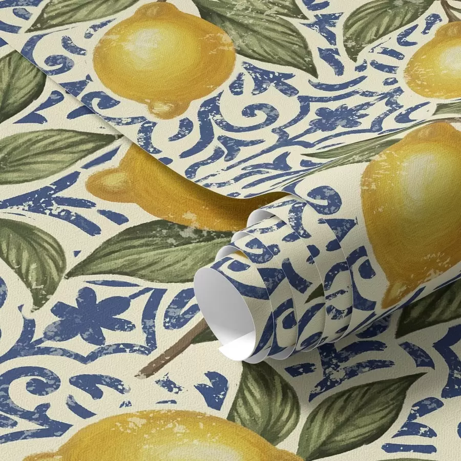 Шпалери Гілки лимона на синьому декоративному тлі a00763