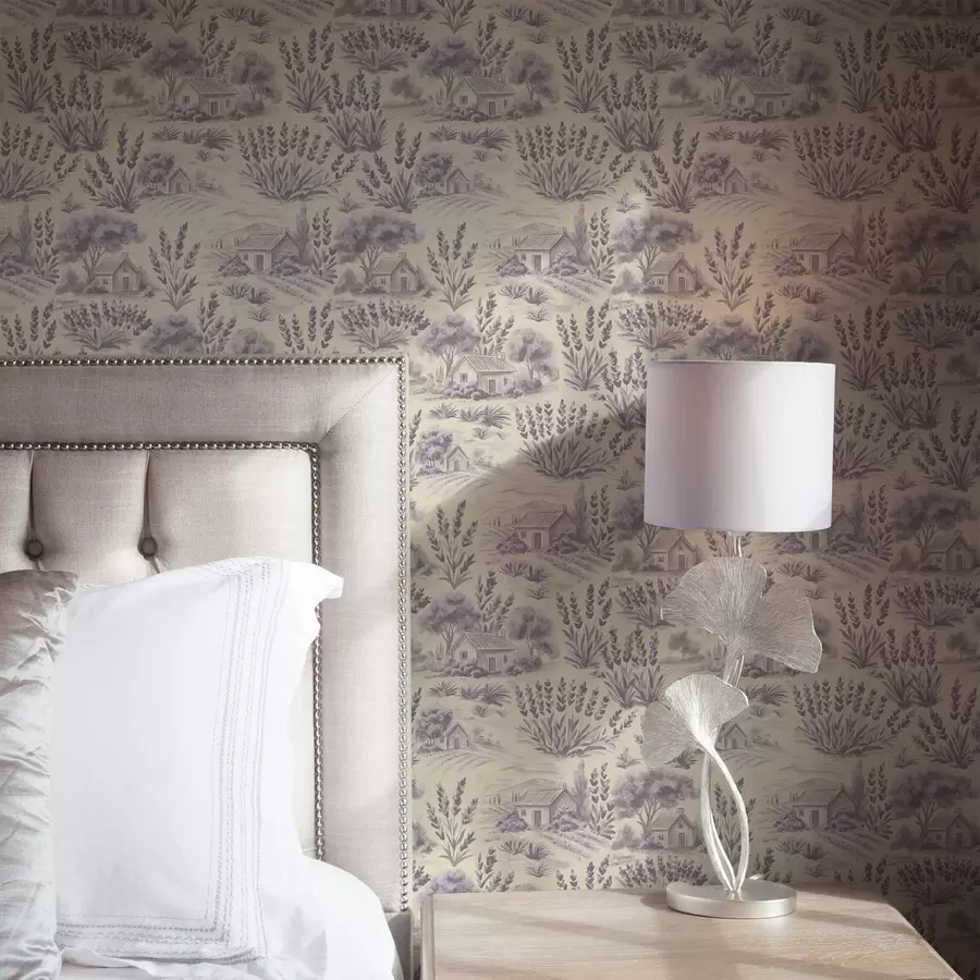 Шпалери Лавандові поля і будинки в пастельних тонах a00765