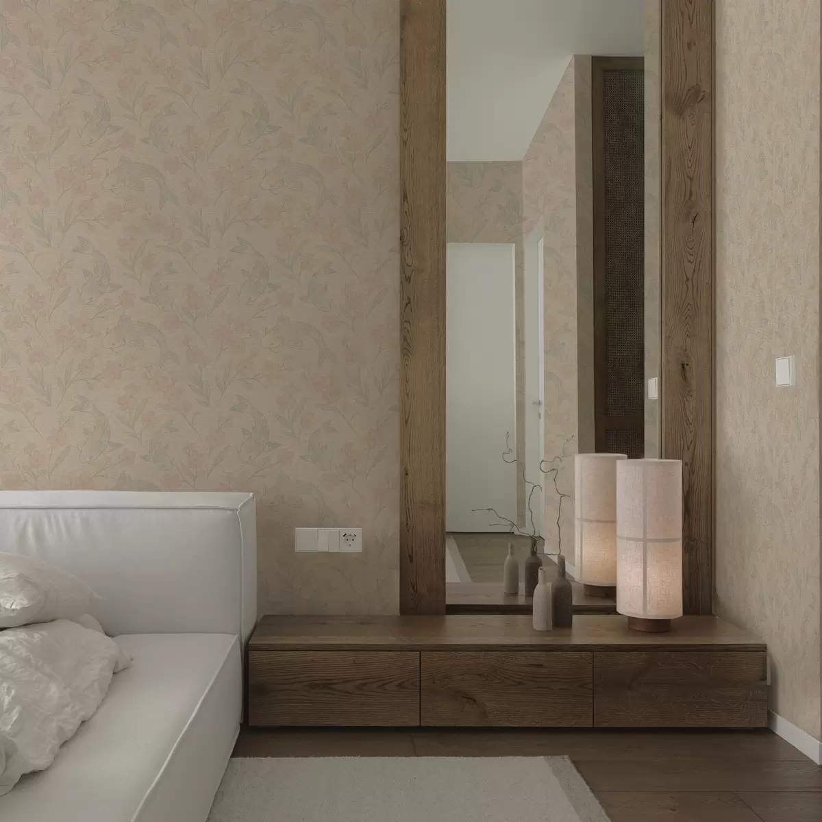 Шпалери Карпи серед квітів у ніжних бежево-рожевих відтінках a00766