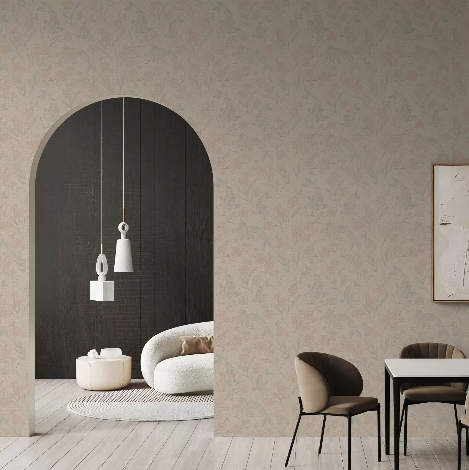 Шпалери Карпи серед квітів у ніжних бежево-рожевих відтінках a00766