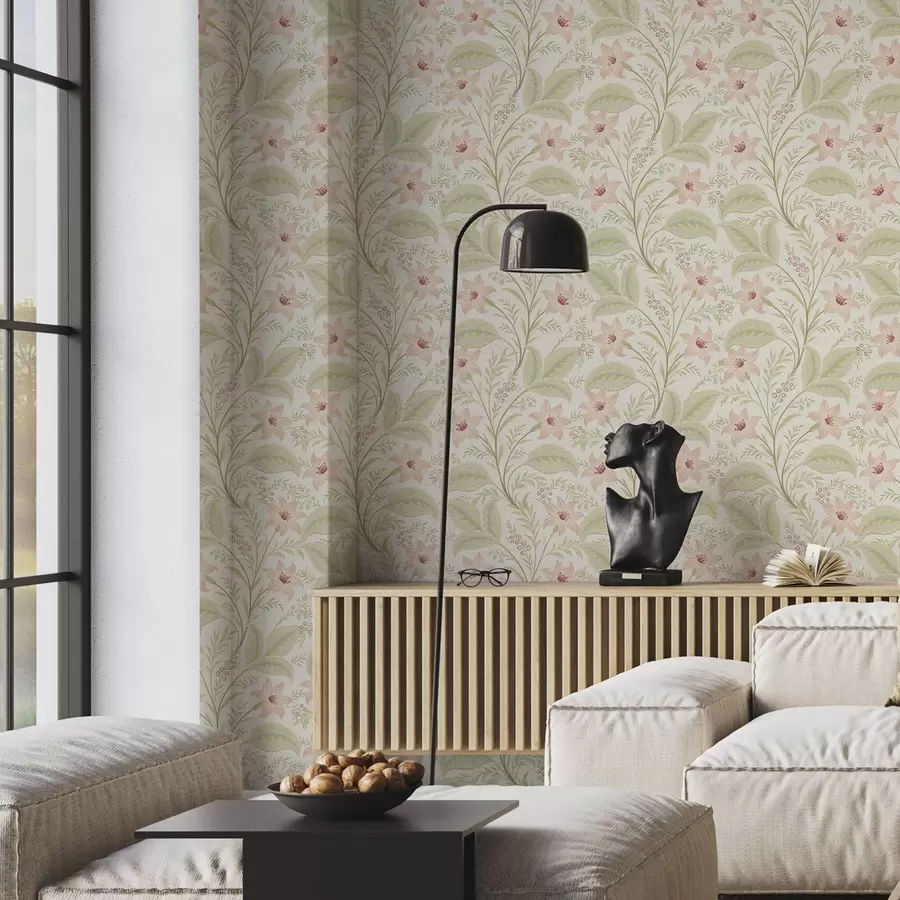 Шпалери Ніжні квіти та листя в пастельних тонах a00771