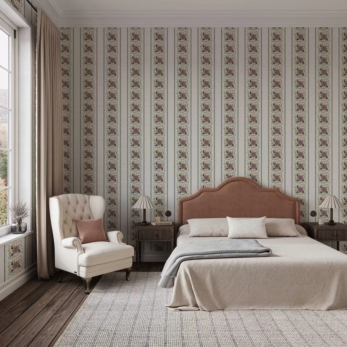 Шпалери Вертикальні квіткові смуги в бузково-блакитних тонах a00809