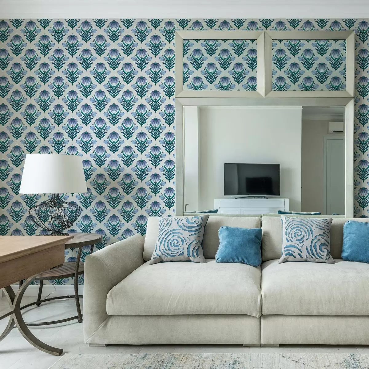 Шпалери Симетричний квітковий орнамент у синьо-білих відтінках a00812v2