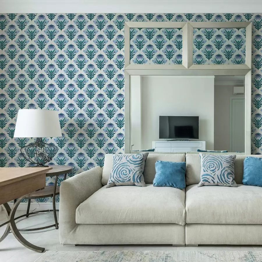 Шпалери Симетричний квітковий орнамент у синьо-білих відтінках a00812v2