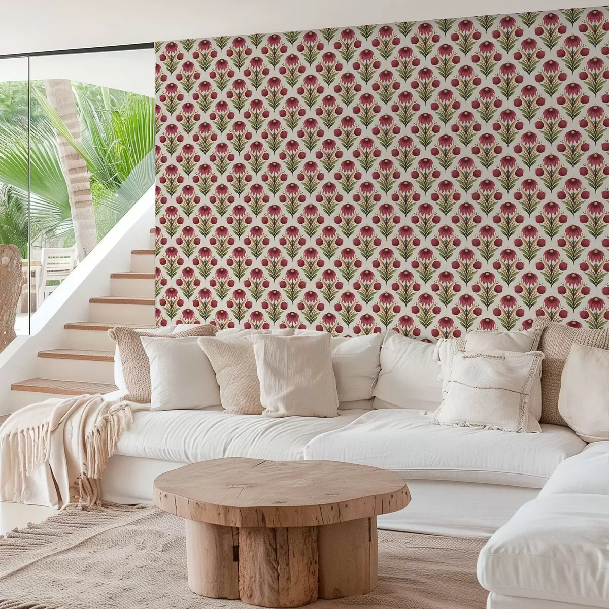 Шпалери Симетричний квітковий орнамент у насичених червоно-зелених тонах a00812v4