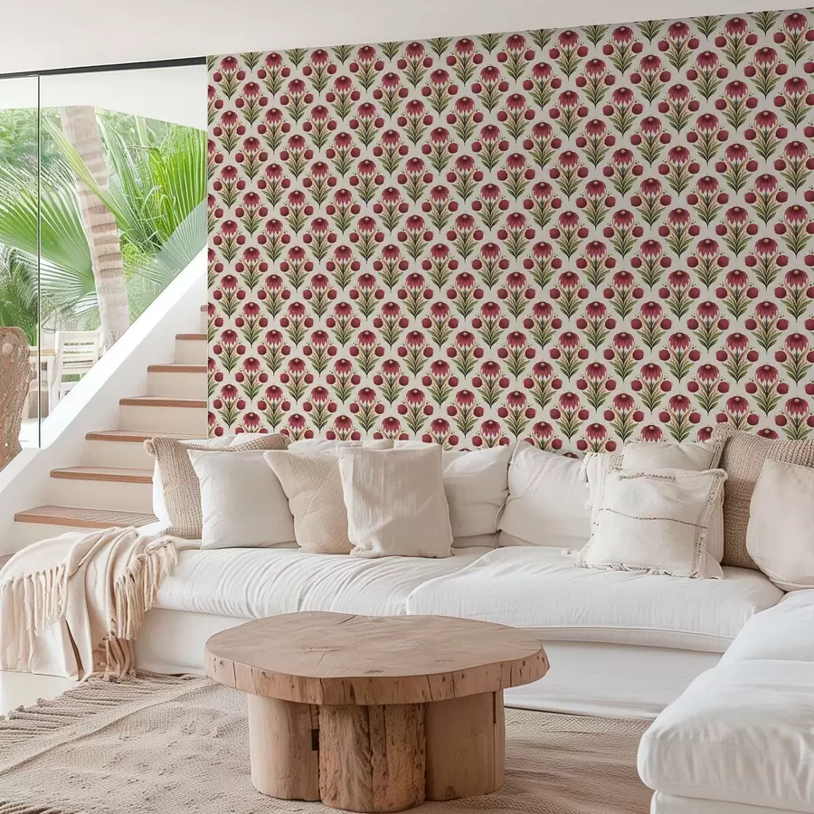 Шпалери Симетричний квітковий орнамент у насичених червоно-зелених тонах a00812v4