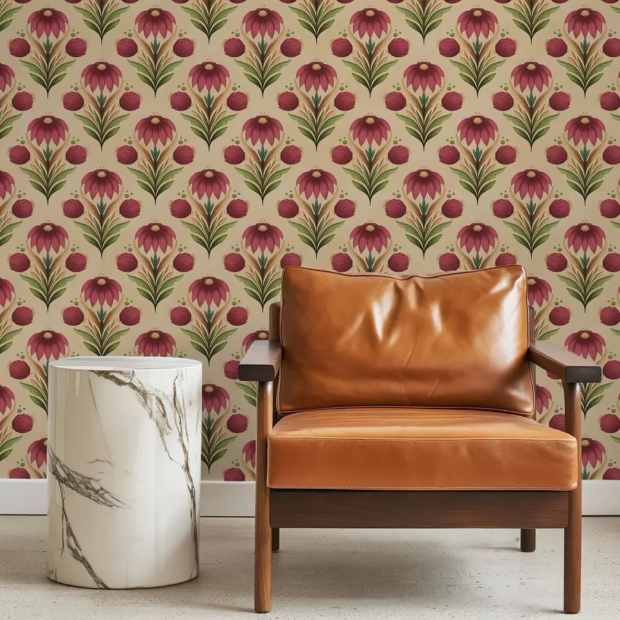 Шпалери Симетричний квітковий орнамент на теплому бежевому тлі a00812v6