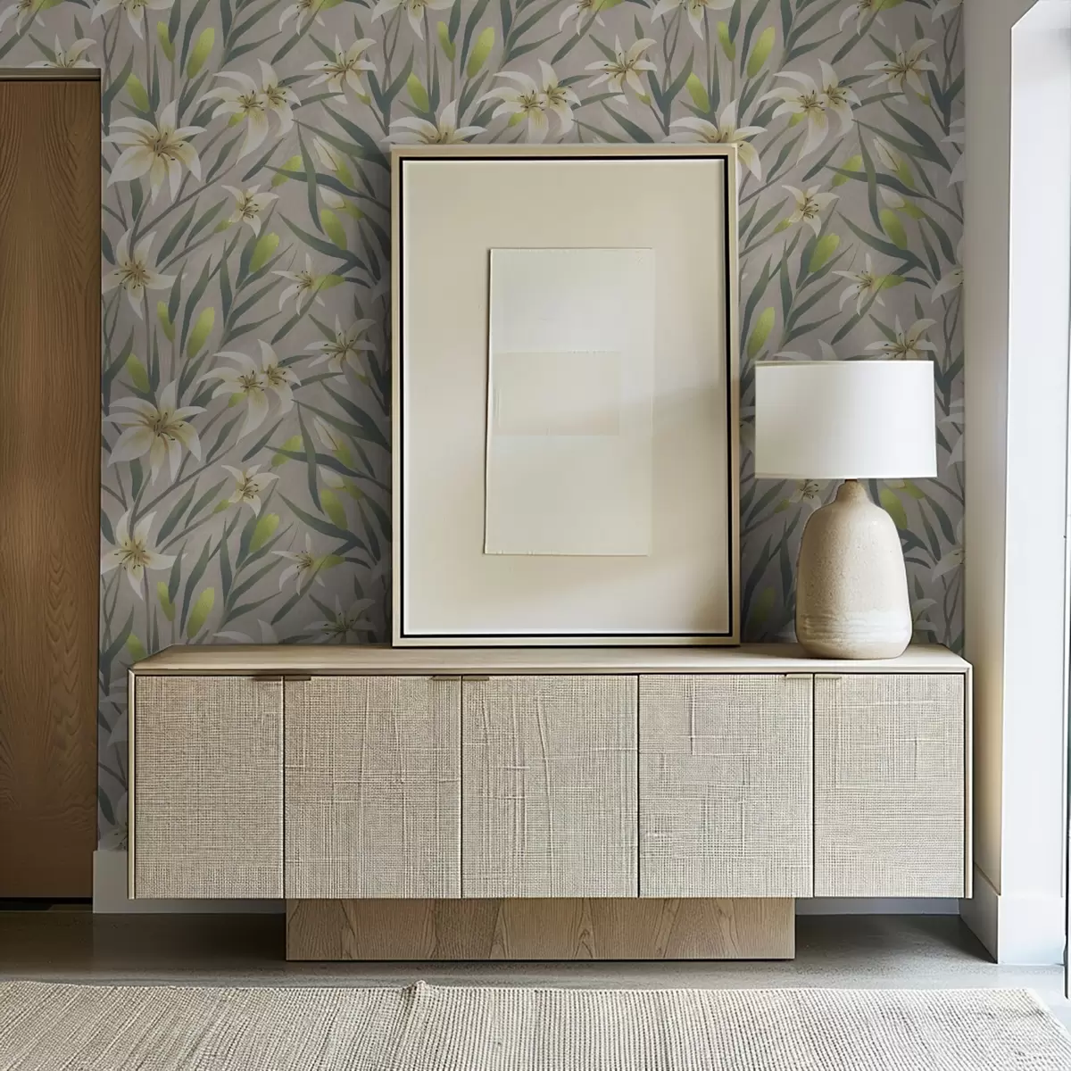 Шпалери Кремові лілії з листям на сіро-бежевому тлі a00837