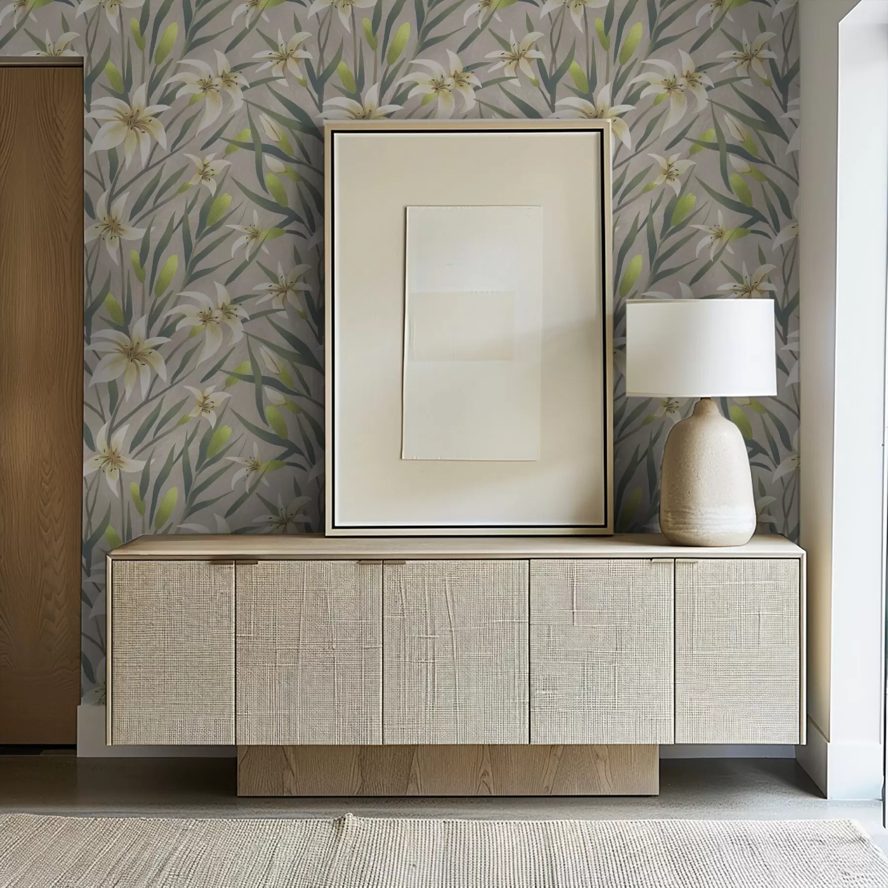 Шпалери Кремові лілії з листям на сіро-бежевому тлі a00837