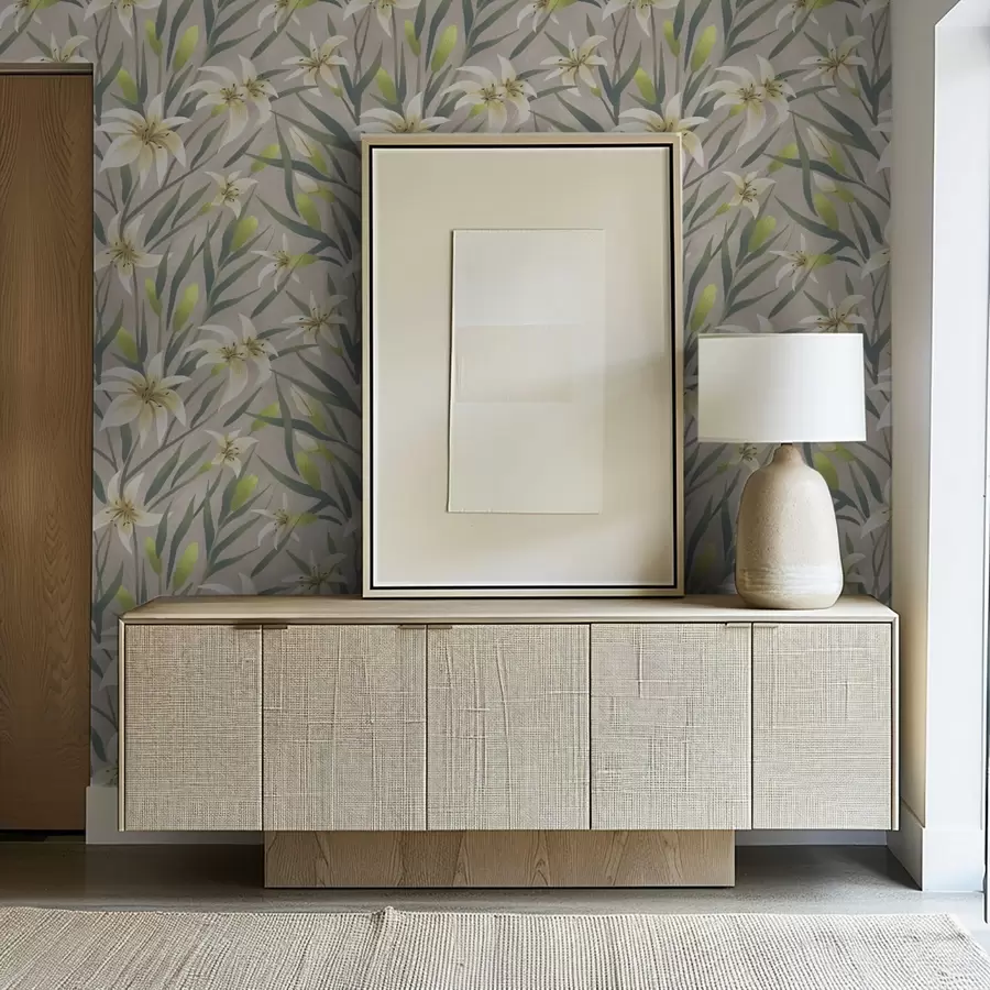 Шпалери Кремові лілії з листям на сіро-бежевому тлі a00837