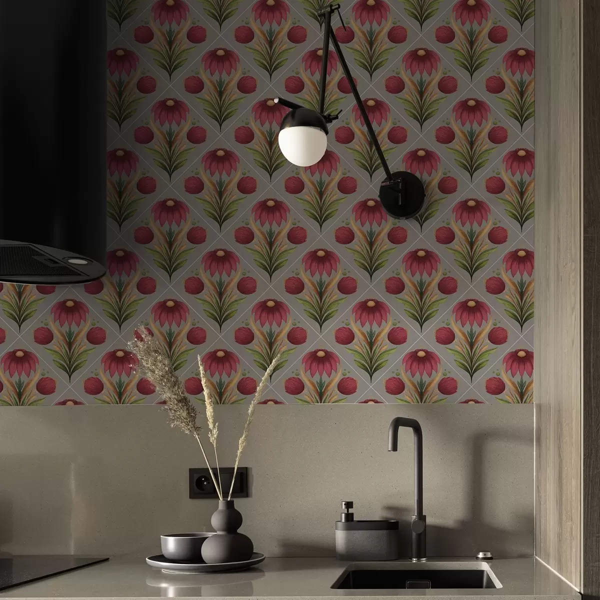 Шпалери Симетричний квітковий орнамент на сірому тлі з діагоналями a00869