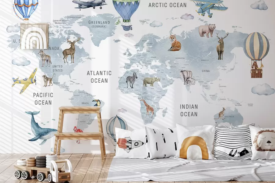 Шпалери Дитяча карта в стилі акварелі з тваринами та повітряними кулями. Англійська мова. Синій колір c00001env1