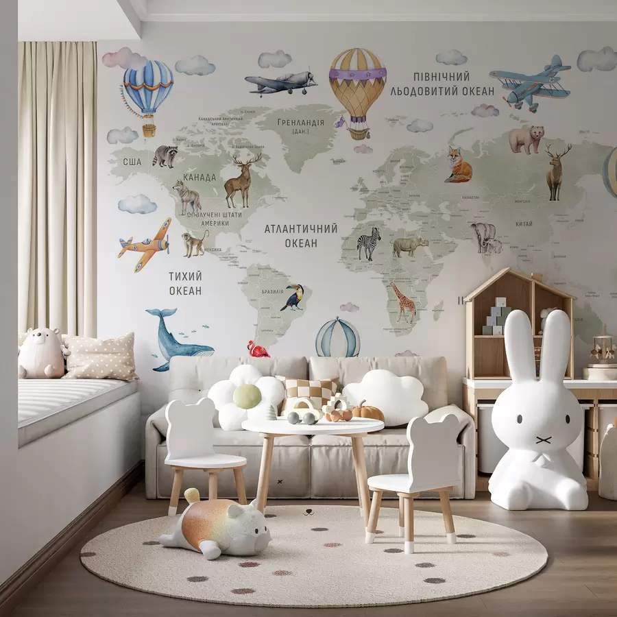 Шпалери Дитяча карта в акварельному стилі з тваринами та повітряними кулями. Українська мова. Зелений колір. c00001uk