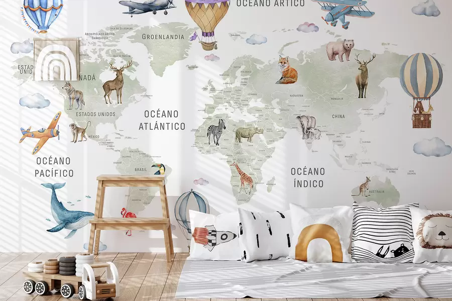 Шпалери Дитяча карта в стилі акварелі з тваринами та повітряними кулями. Іспанська мова. Зелений колір. c00001es