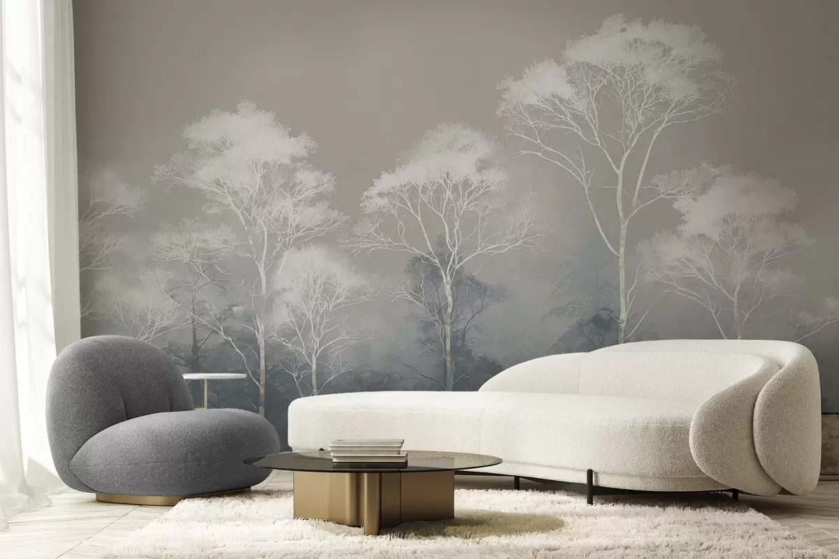 Шпалери Мінімалістичні дерева в синьо-сірій палітрі, в тумані w09448