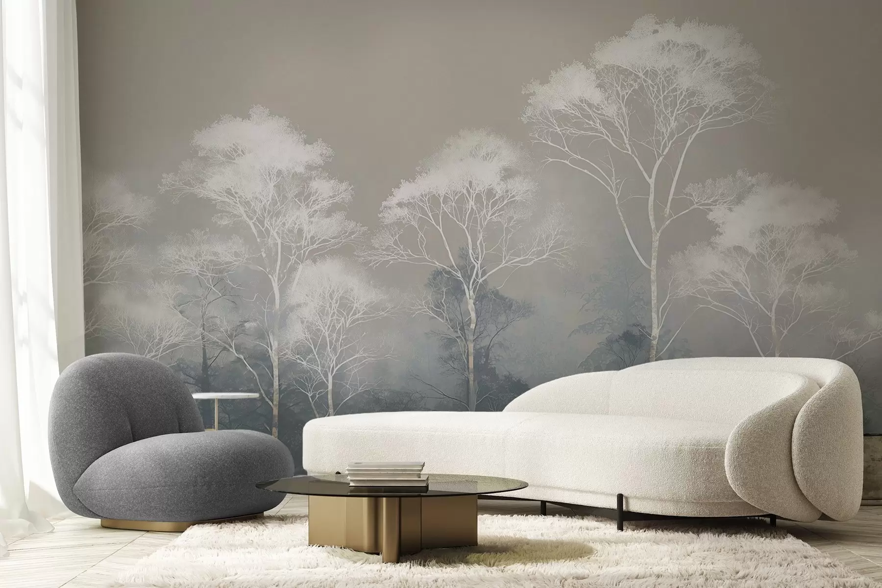 Шпалери Мінімалістичні дерева в синьо-сірій палітрі, в тумані w09448
