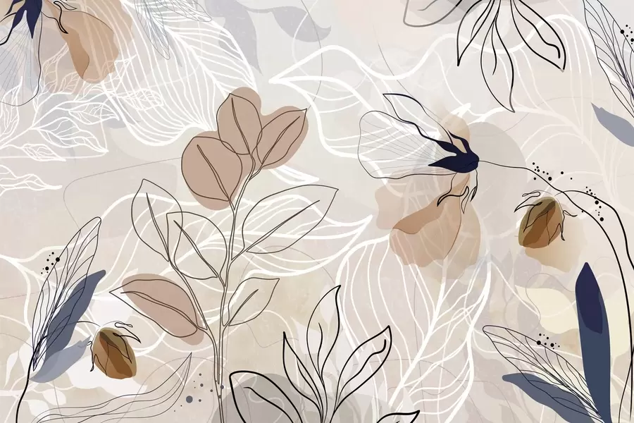 Шпалери Бежевий абстрактний фон з листям і квітами, сучасний, мінімалістичний, органічні форми, ботанічний принт w09487