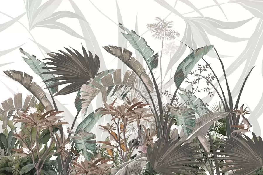 Шпалери Тропічні текстуровані листя з квітами, пальми, квіти плюмерії, пастельні кольори, білий фон, джунглі w09488