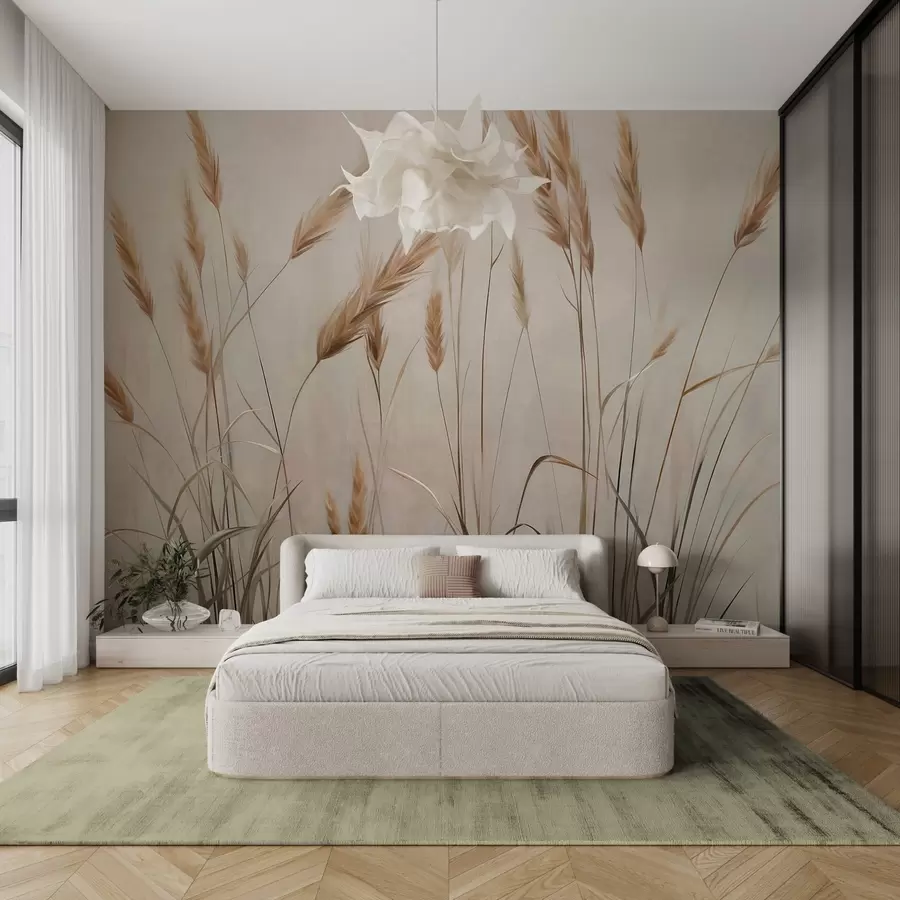 Шпалери Пшеничне поле з жовтими колосками, бежевий фон, природне освітлення, теплі тони, детальні мазки пензлем w09493