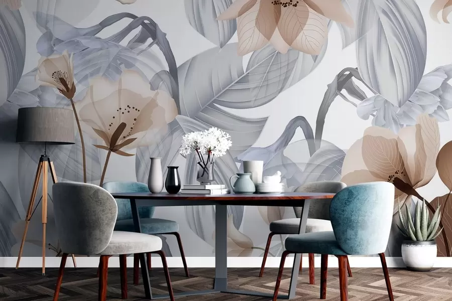 Шпалери Коричневі квіти та сірі листя, квітковий ботанічний фон, елегантний дизайн, м'які кольори, легкі витончені деталі w09497v1