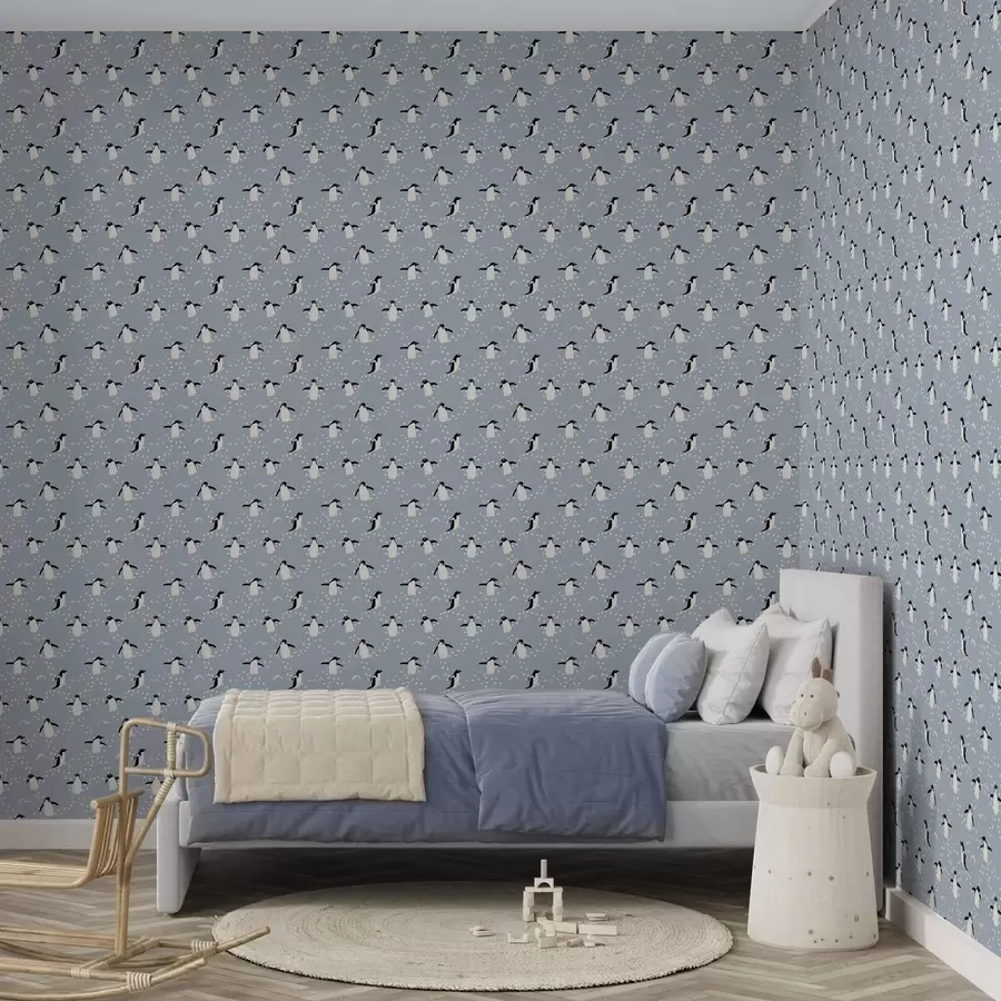 Шпалери Пінгвіни на сіро-блакитному тлі зі слідами a00655