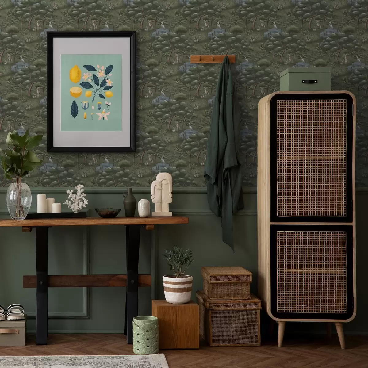 Шпалери Лісова галявина з оленятами, кроликами та чаплями a00680