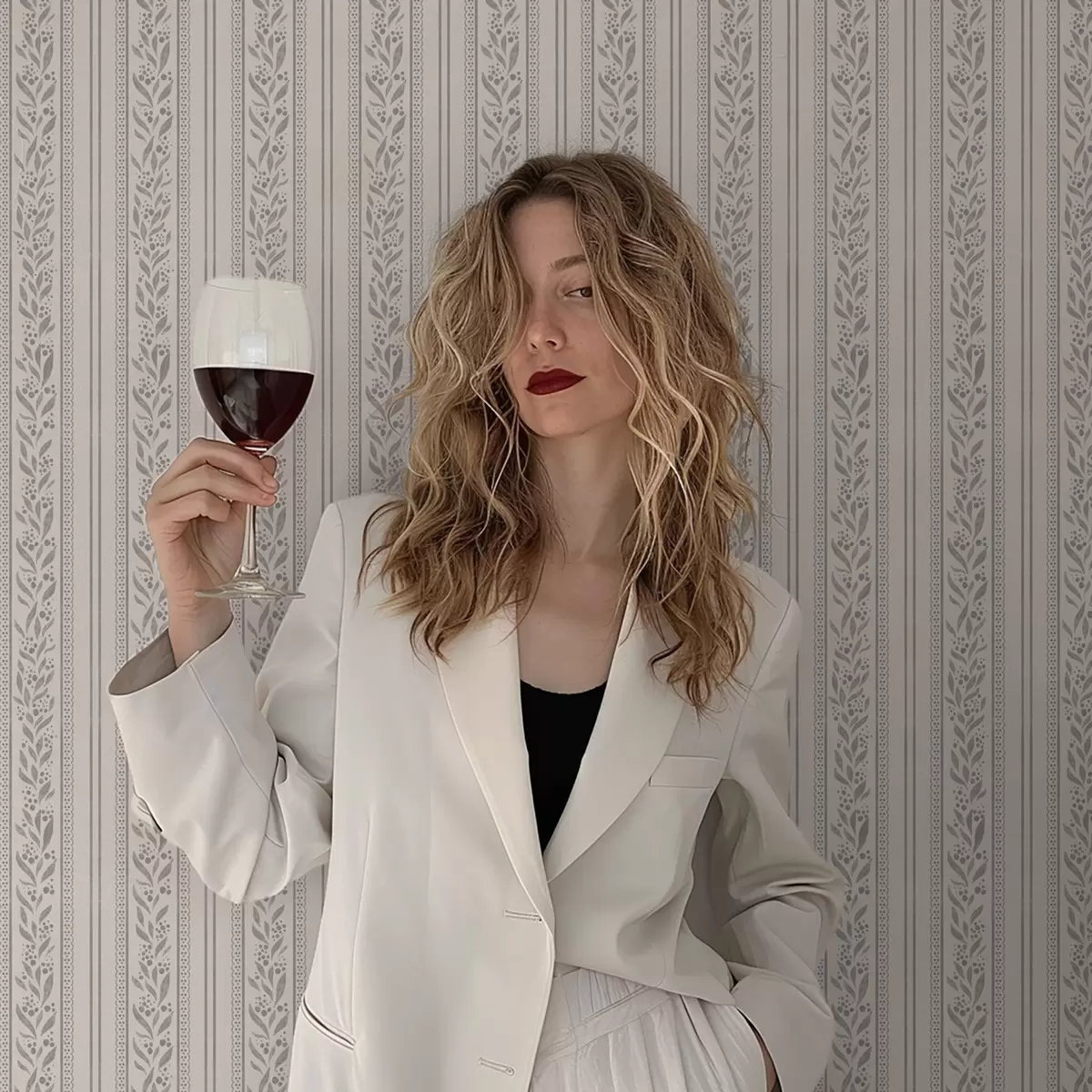 Шпалери Смужки з мереживом і сіро-бежевими гілочками a00814