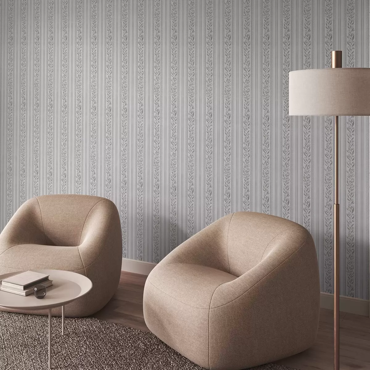 Шпалери Смужки з мереживом і гілочками на прохолодному білому тлі a00814v1