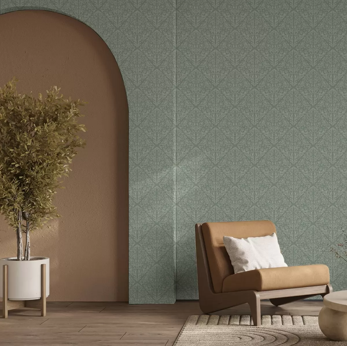 Шпалери Ботанічний дамаск на м'ятно-оливковому тлі a00815